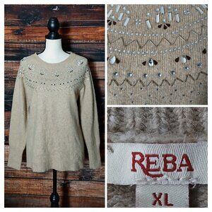 Reba Sweater XL Tan Beaded Rhinestone Soft Knit